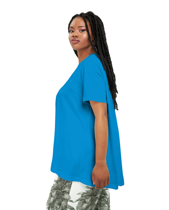 Mat V-Neck A-Line Short Sleeve Tee with Inverted Pleat in Front and Back in Turquoise