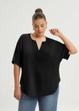 front view of Mat plus size air-wash texture polyester Split Neck Curved Hem Top in Black
