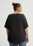 back view of Mat plus size air-wash texture polyester Split Neck Curved Hem Top in Black