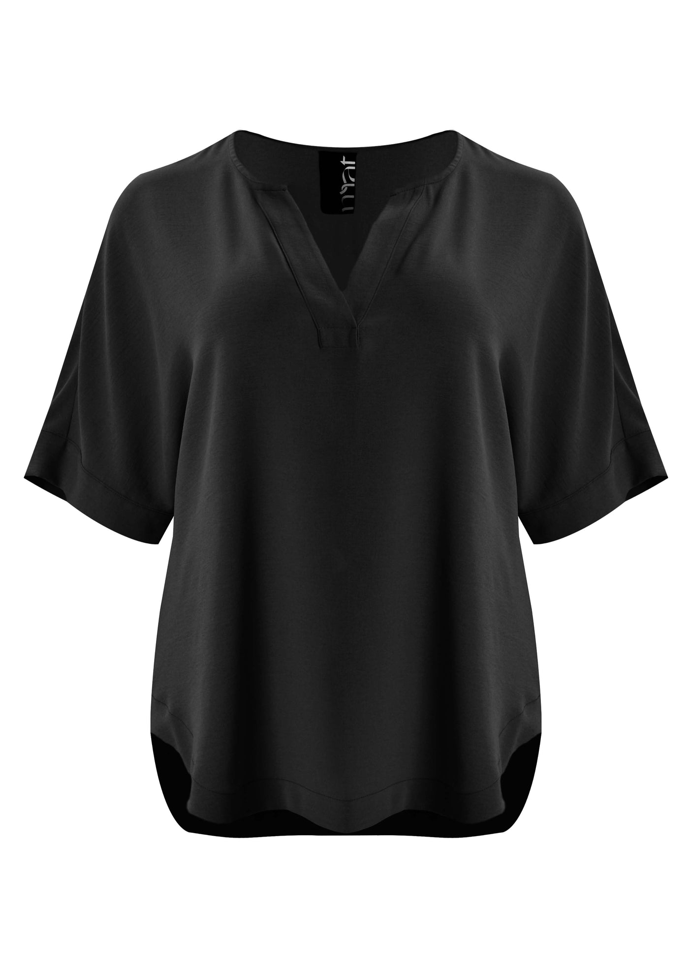 front view of Mat plus size air-wash texture polyester Split Neck Curved Hem Top in Black