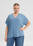 front view of Mat plus size air-wash textured polyester Short Sleeve V-Neck top in Indigo