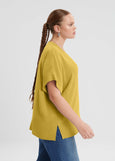side view of Mat plus size air-wash textured polyester Short Sleeve V-Neck top in Dijon