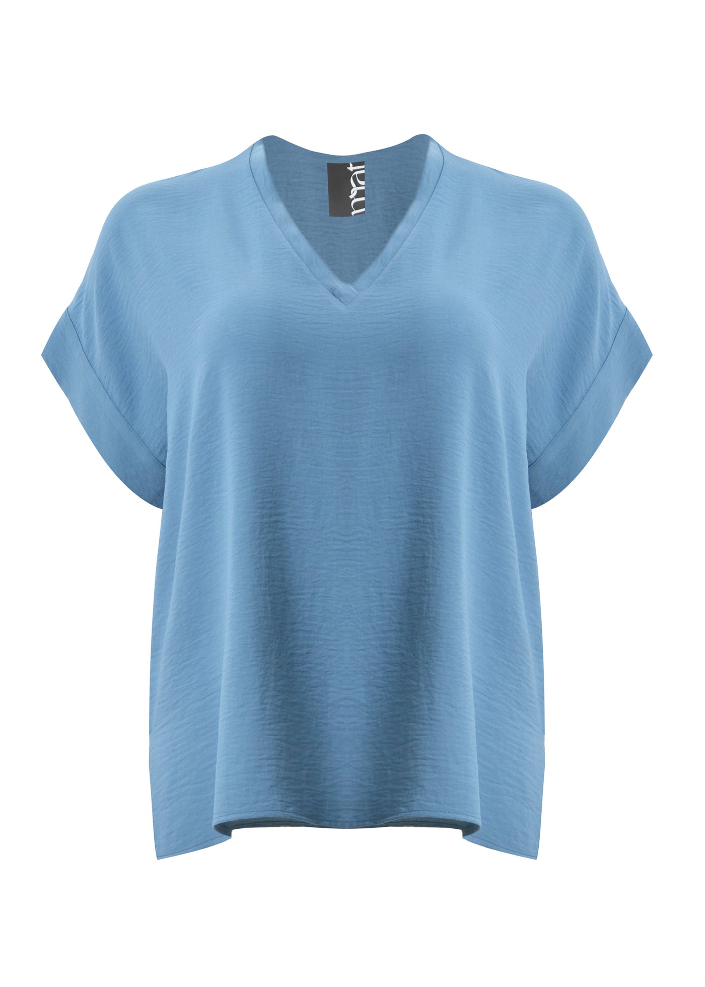 front view of Mat plus size air-wash textured polyester Short Sleeve V-Neck top in Indigo