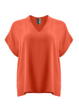 front view of Mat plus size air-wash textured polyester Short Sleeve V-Neck top in Coral