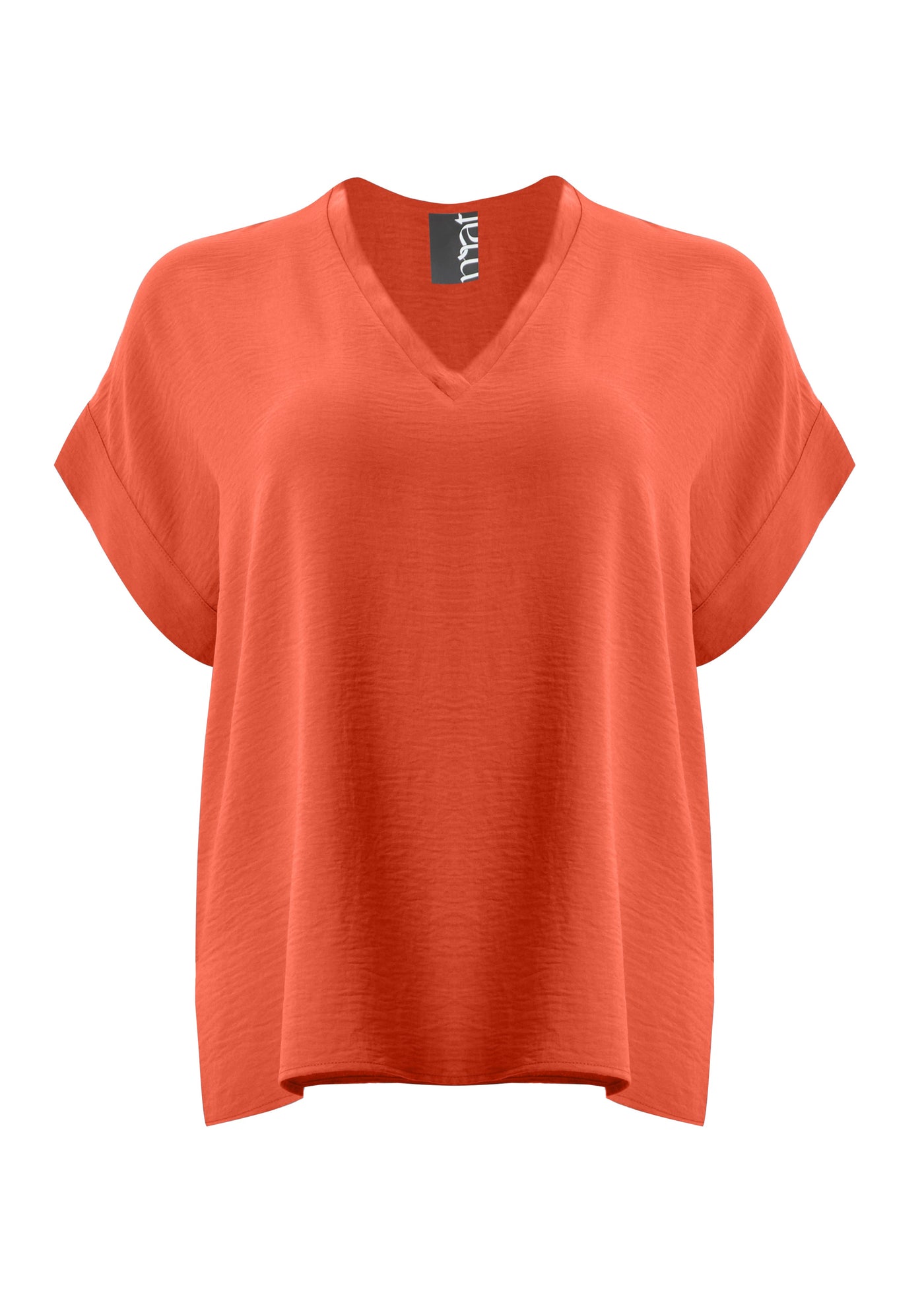 front view of Mat plus size air-wash textured polyester Short Sleeve V-Neck top in Coral