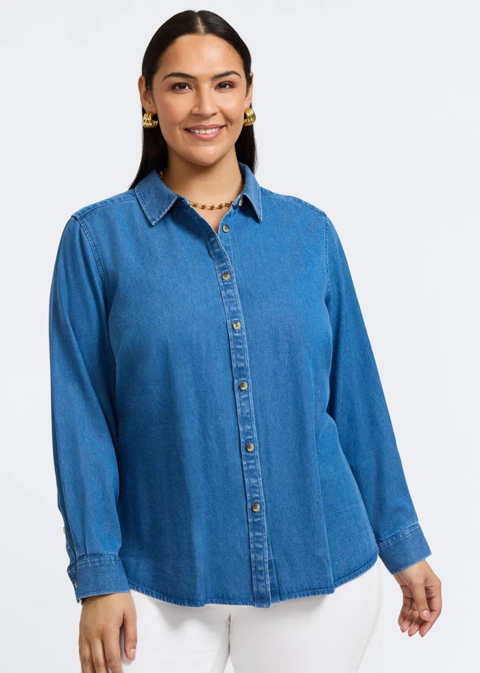 front view of Foxcroft Tencel Blend Hampton Long Sleeve Chambray Shirt in Medium Wash