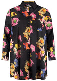 front view of plus size Samoon Cotton long sleeve Floral Print Blouse in Black print