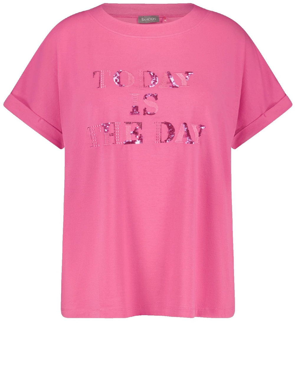 front view of plus size Samoon Beaded "Today is the Day" T-shirt in Pink