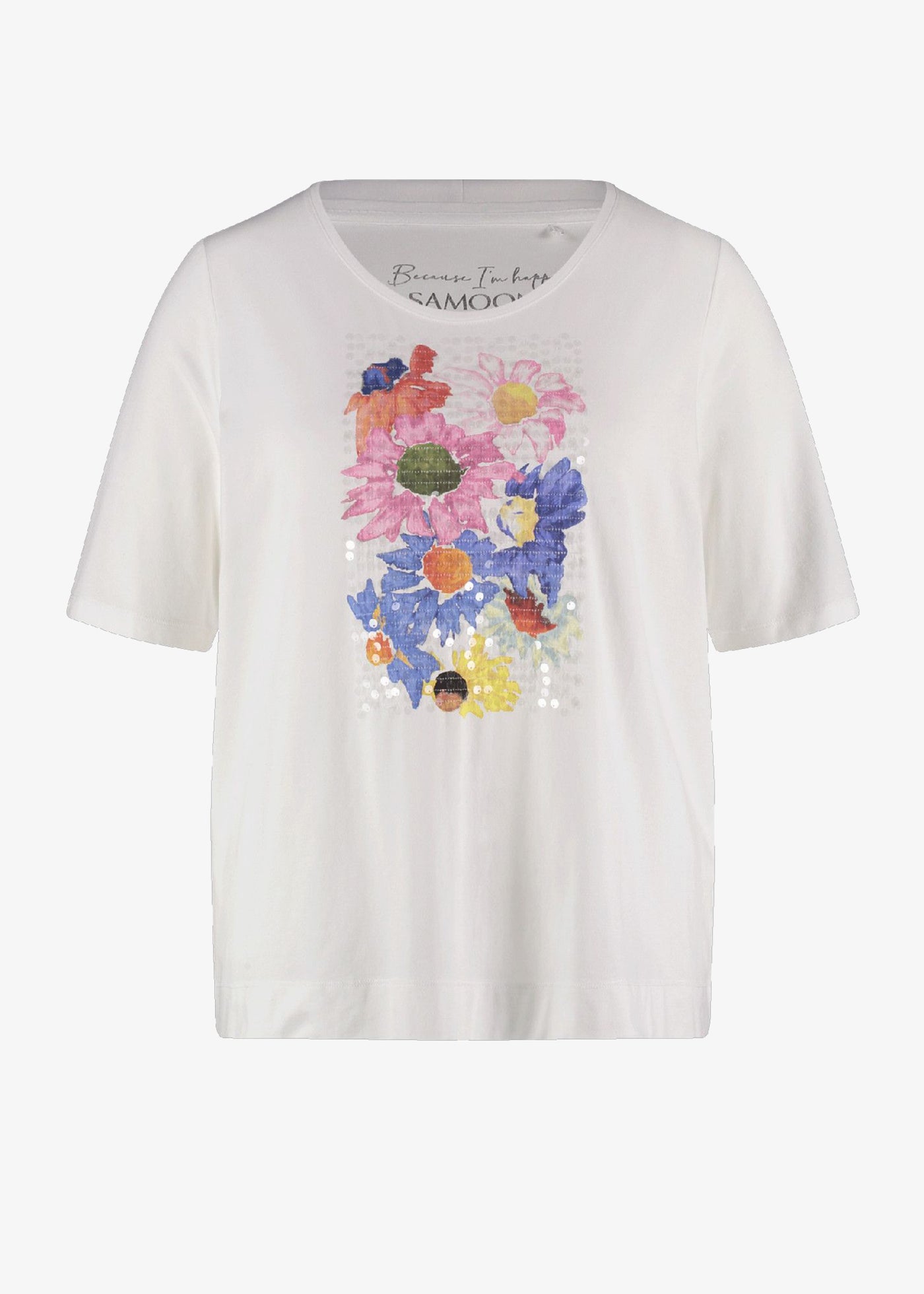 Samoon Short Sleeve Tee with Floral Sequin Motif in White