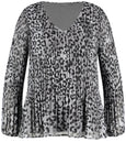 Front view of Samoon plus size Animal Print V-Neck Plisse Pleated Top in Grey Prt