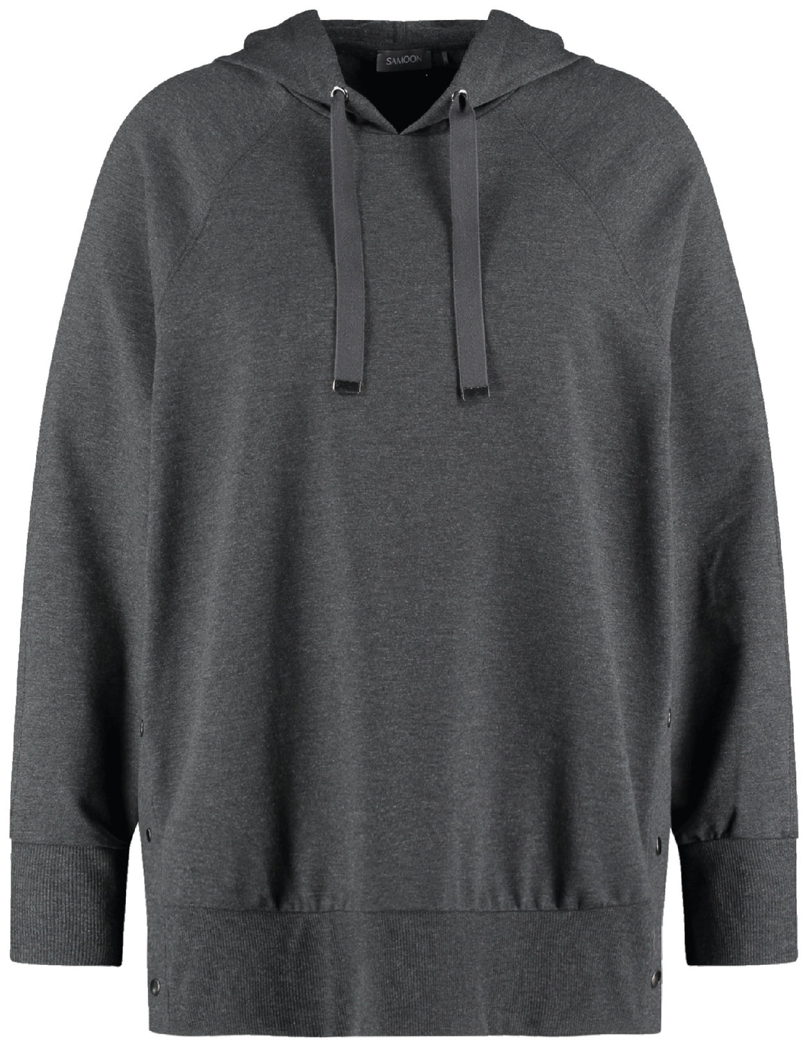 front view of Samoon plus size Long sleeve Hoodie With Tape Drawstring in Charcoal Melange