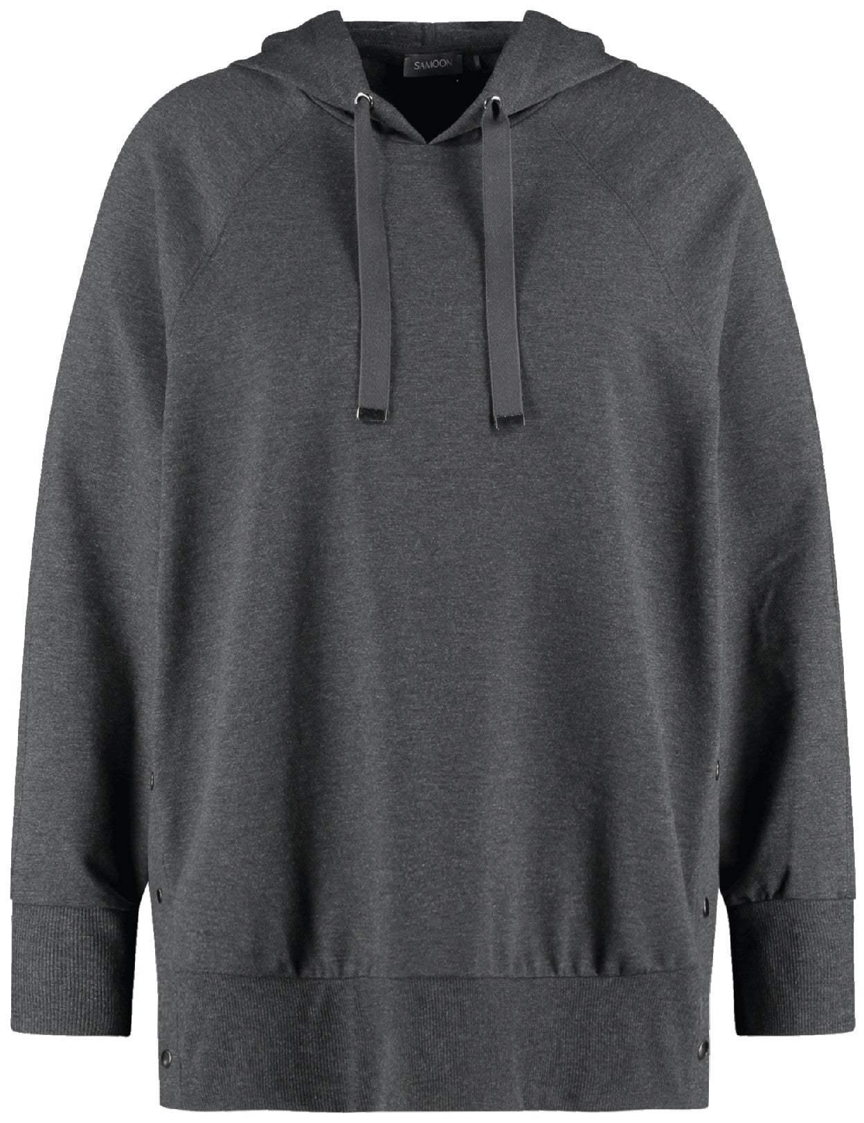 front view of Samoon plus size Long sleeve Hoodie With Tape Drawstring in Charcoal Melange