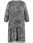 front view of Samoon plus size Animal Print V Neck Long Plisse Pleated Dress in Grey Print