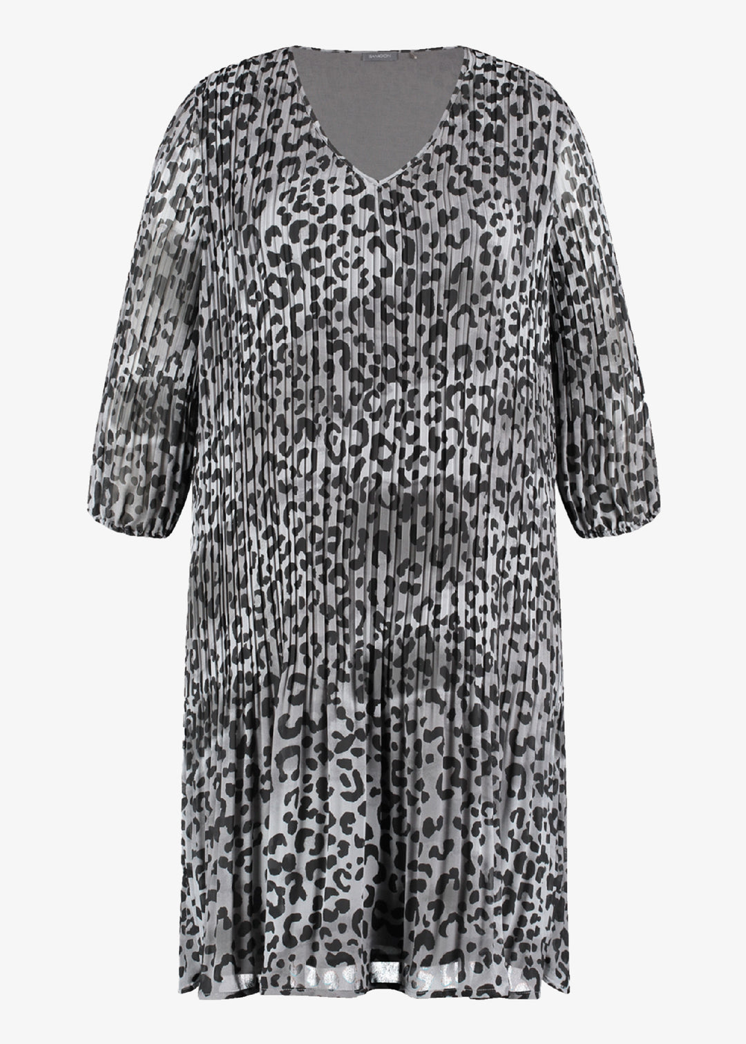 Samoon Animal Print V Neck Long Plisse Pleated Dress in Grey Print