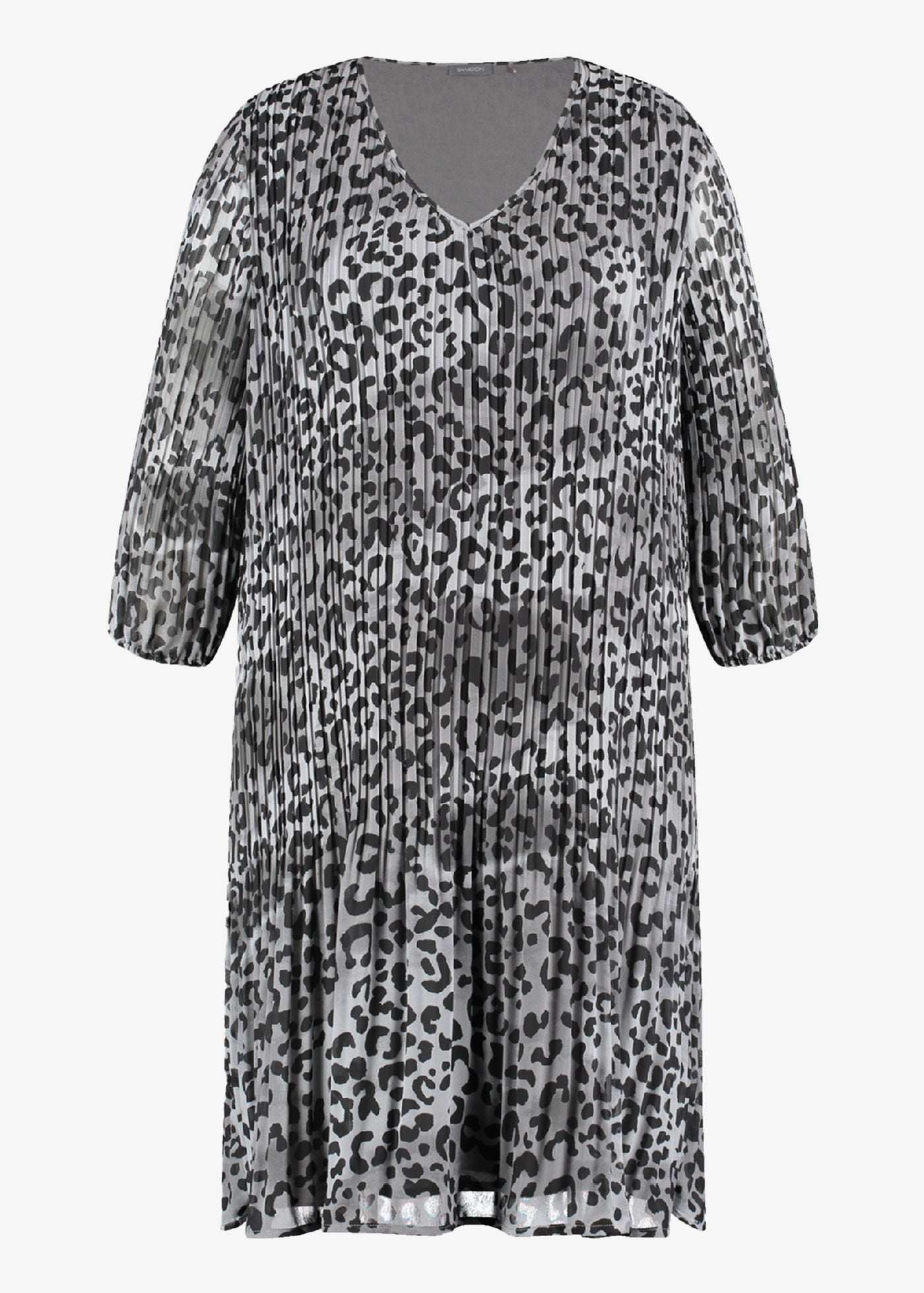 Samoon Animal Print V Neck Long Plisse Pleated Dress in Grey Print