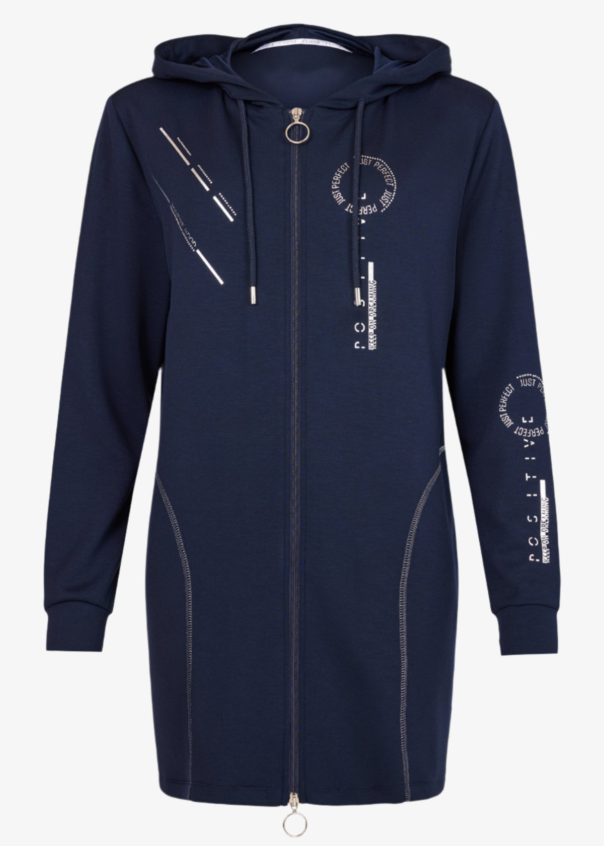 I'Cona Long Zip Front Jacket with Graphic Print in Navy
