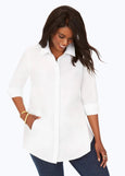 Front view of plus size Foxcroft Essential No-iron Long sleeve Pinpoint Cotton Tunic Shirt in White