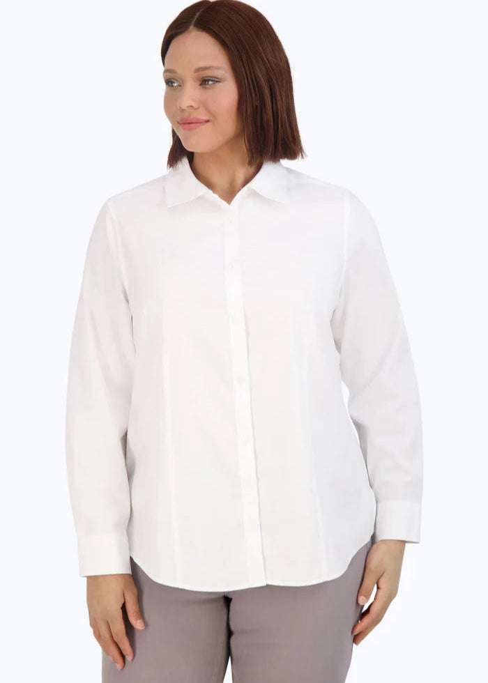 Front view of plus size Foxcroft Diana Long Sleeve Classic Cotton Shirt in White