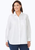 front view of plus size Foxcroft Boyfriend Pinpoint No Iron Long Sleeve Tunic Shirt in White