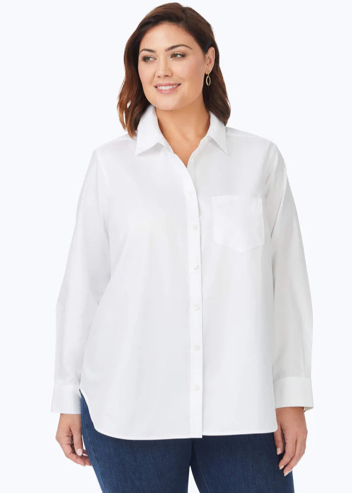 front view of plus size Foxcroft Boyfriend Pinpoint No Iron Long Sleeve Tunic Shirt in White