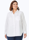 front view of plus size Foxcroft Boyfriend Pinpoint No Iron Long Sleeve Tunic Shirt in White