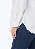 side view of plus size Foxcroft Boyfriend Pinpoint No Iron Long Sleeve Tunic Shirt in White