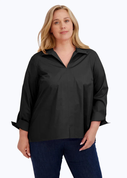 front view of plus size Foxcroft No iron stretch Long sleeve Popover Agnes Shirt in Black