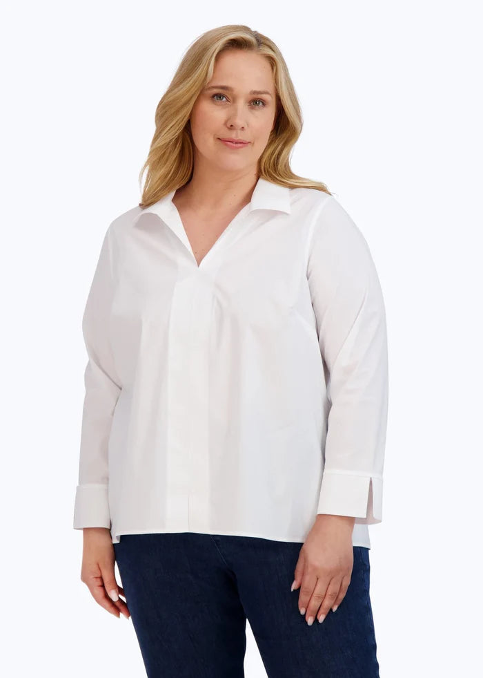 Front view of plus size Foxcroft No iron stretch Long sleeve Popover Agnes Shirt in White