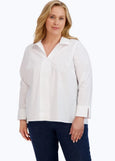 Front view of plus size Foxcroft No iron stretch Long sleeve Popover Agnes Shirt in White