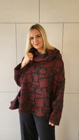 Heydari Cowl-neck Geo-Square Print Box Top in Burgundy