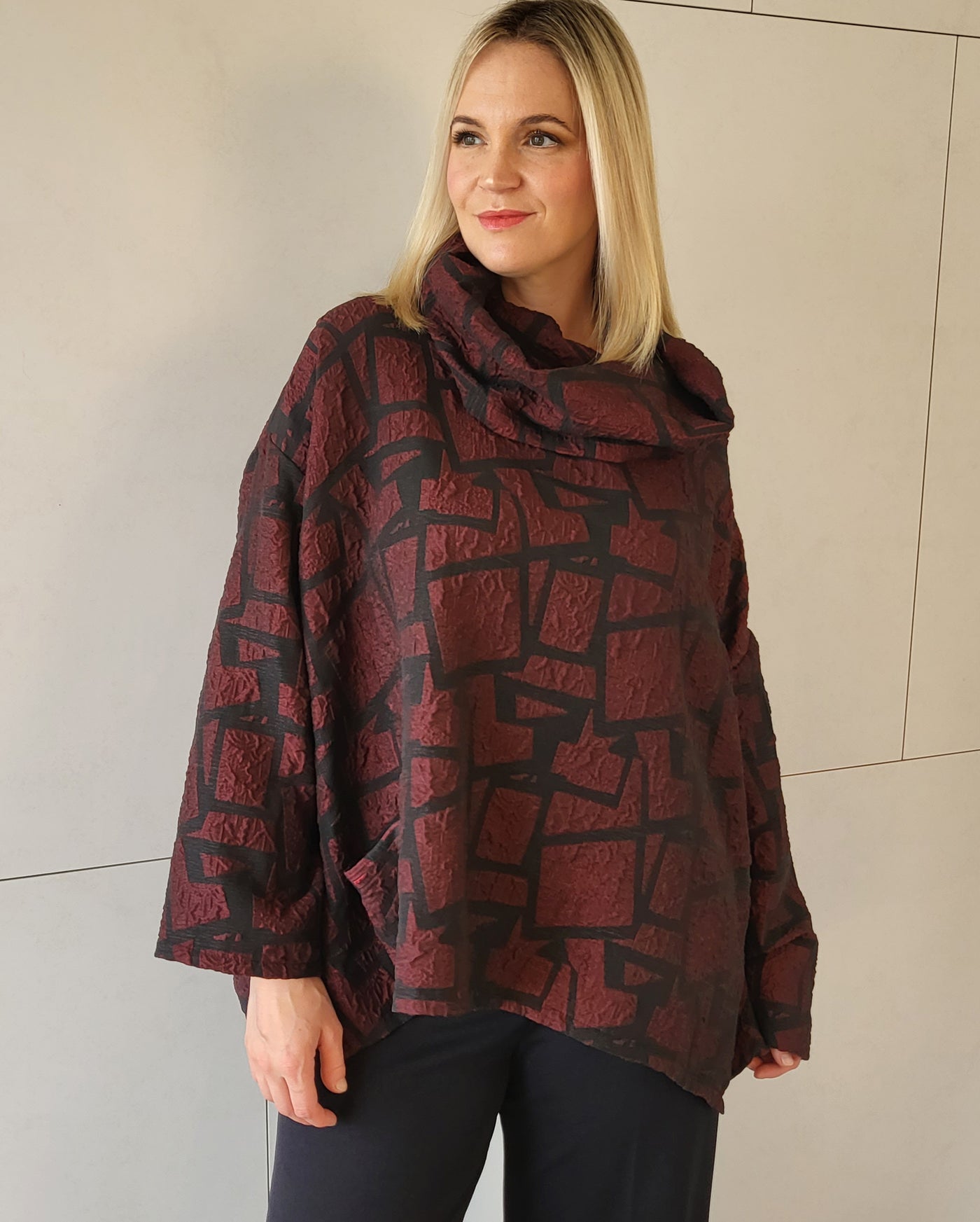 Heydari Cowl-neck Geo-Square Print Box Top in Burgundy