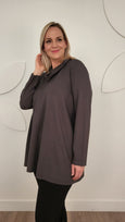 Toni T. Long Jersey A-line Tunic with Cowlneck in Dark Taupe