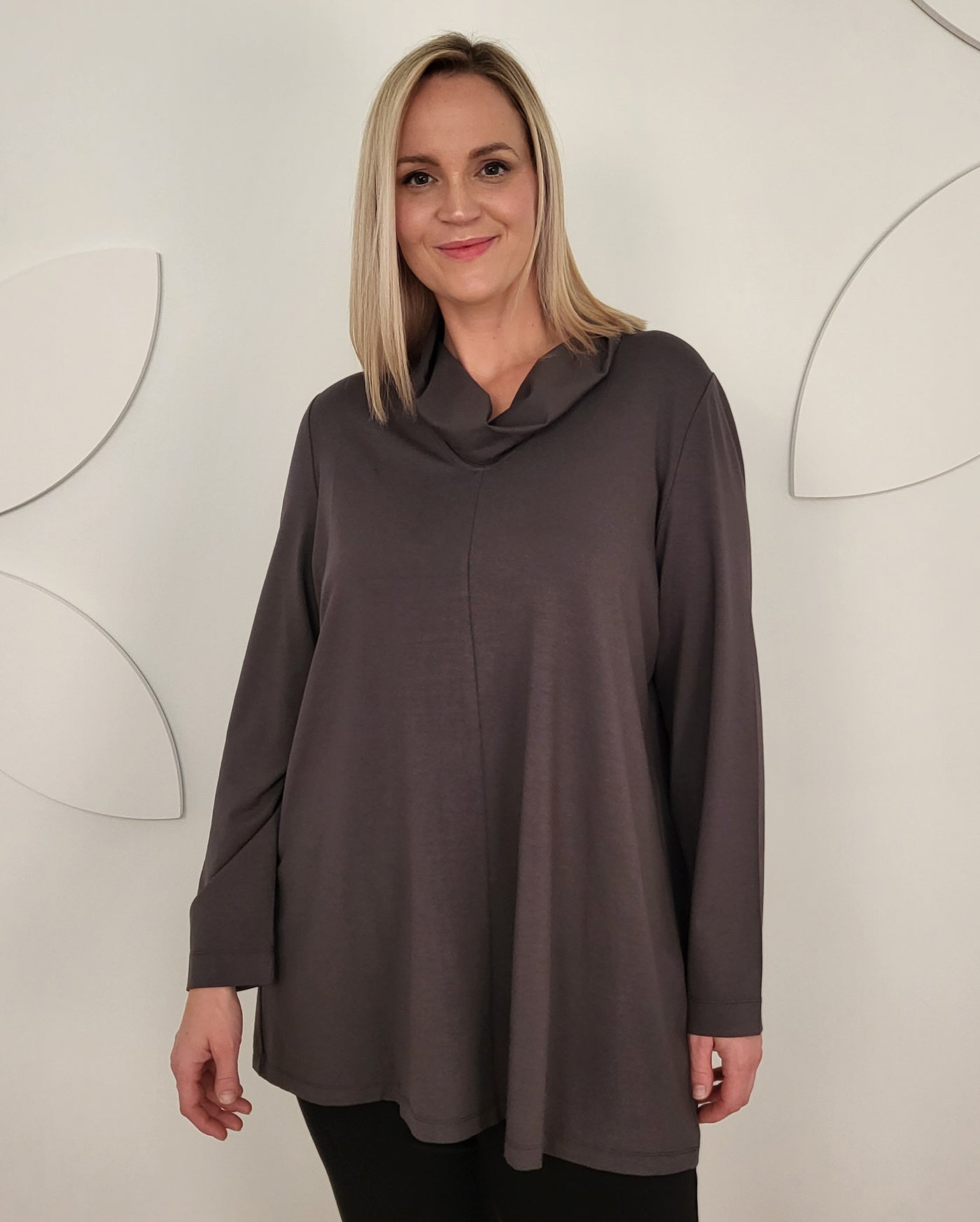 Toni T. Long Jersey A-line Tunic with Cowlneck in Dark Taupe