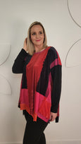 Alembika A-Line Print Top with Black Jersey Sleeves in Magenta/blk