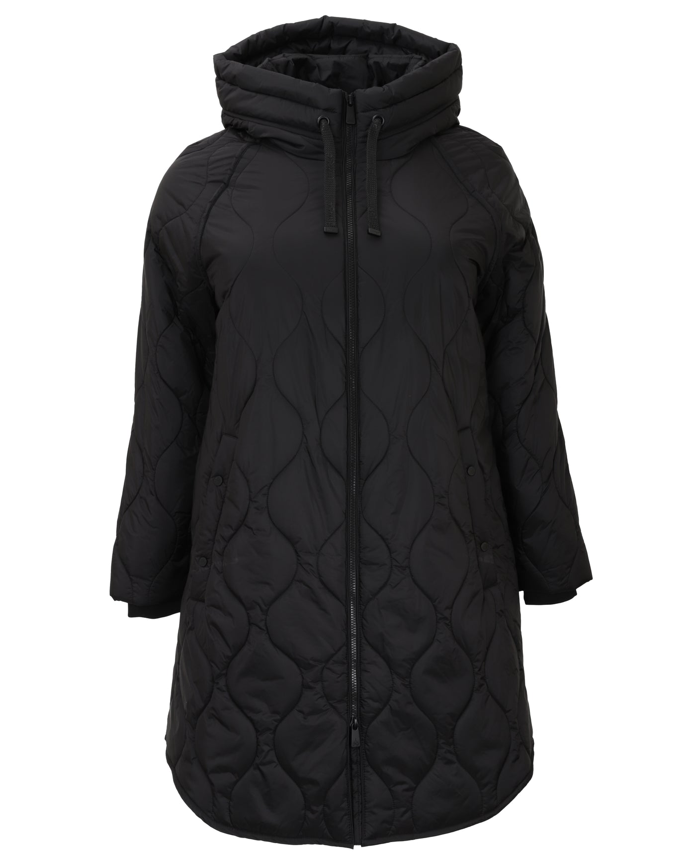 Junge Quilted Shirt Tail Hem Zip Front Coat with Attached Hood in Black