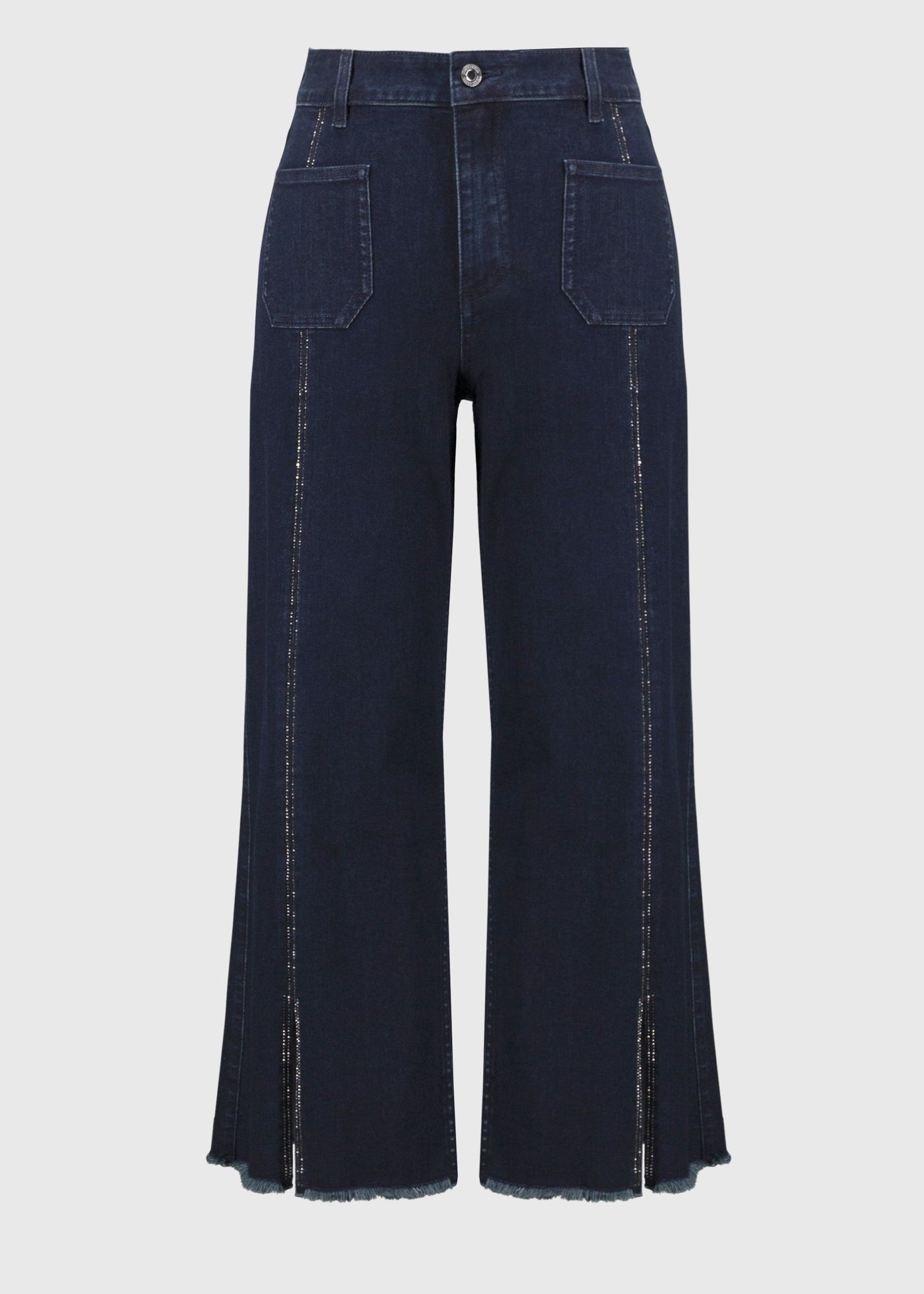 front view of plus size Joseph Ribkoff Culotte Jean with Embellishment in Dk. Denim
