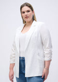front view of plus size Joseph Ribkoff Woven Jacquard Textured Blazer in White