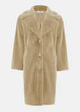 front view of plus size Joseph Ribkoff Faux Fur Notch lapel Coat in almond