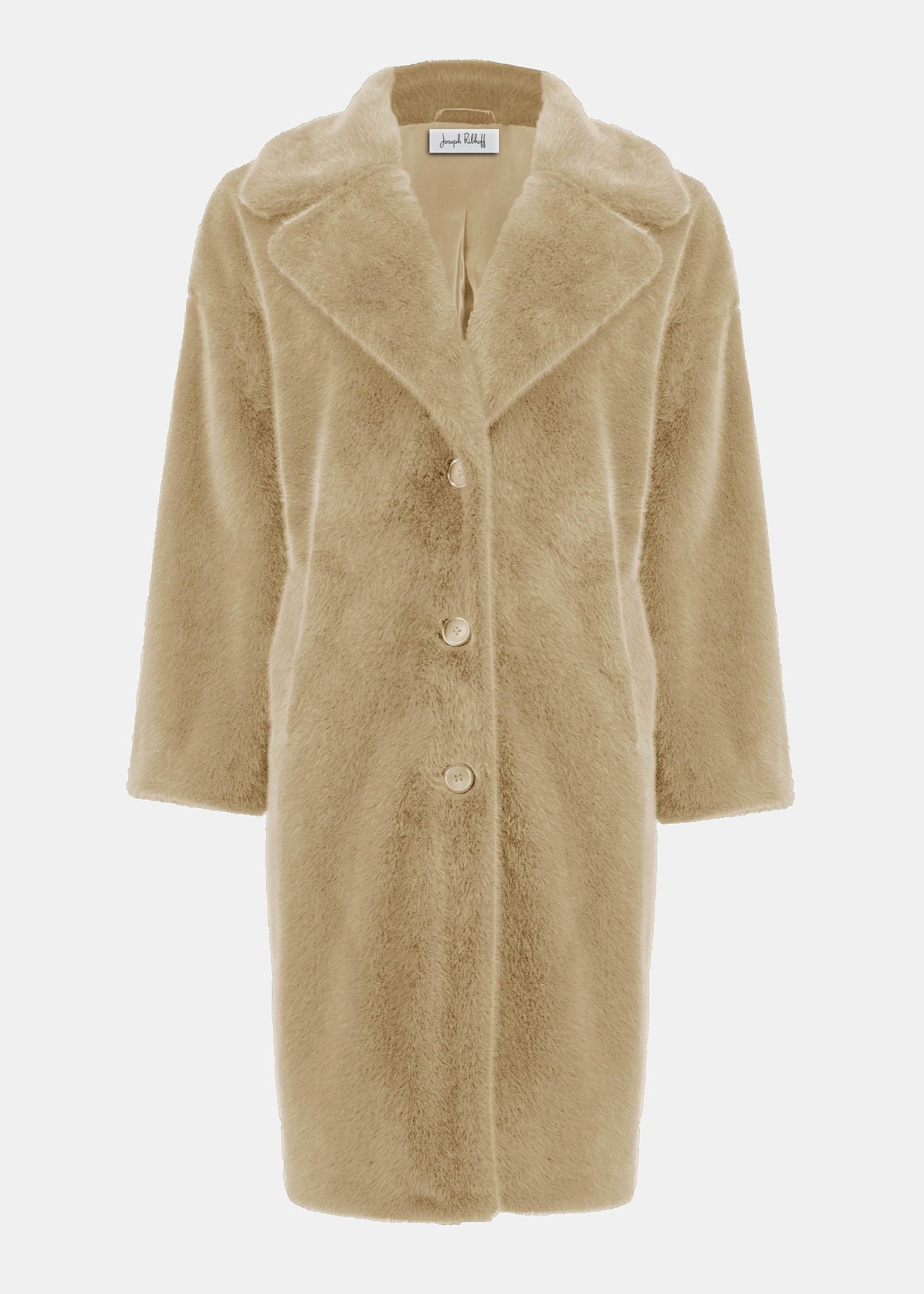 front view of plus size Joseph Ribkoff Faux Fur Notch lapel Coat in almond