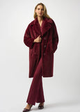 front view of plus size Joseph Ribkoff Faux Fur Notch lapel Coat in Merlot