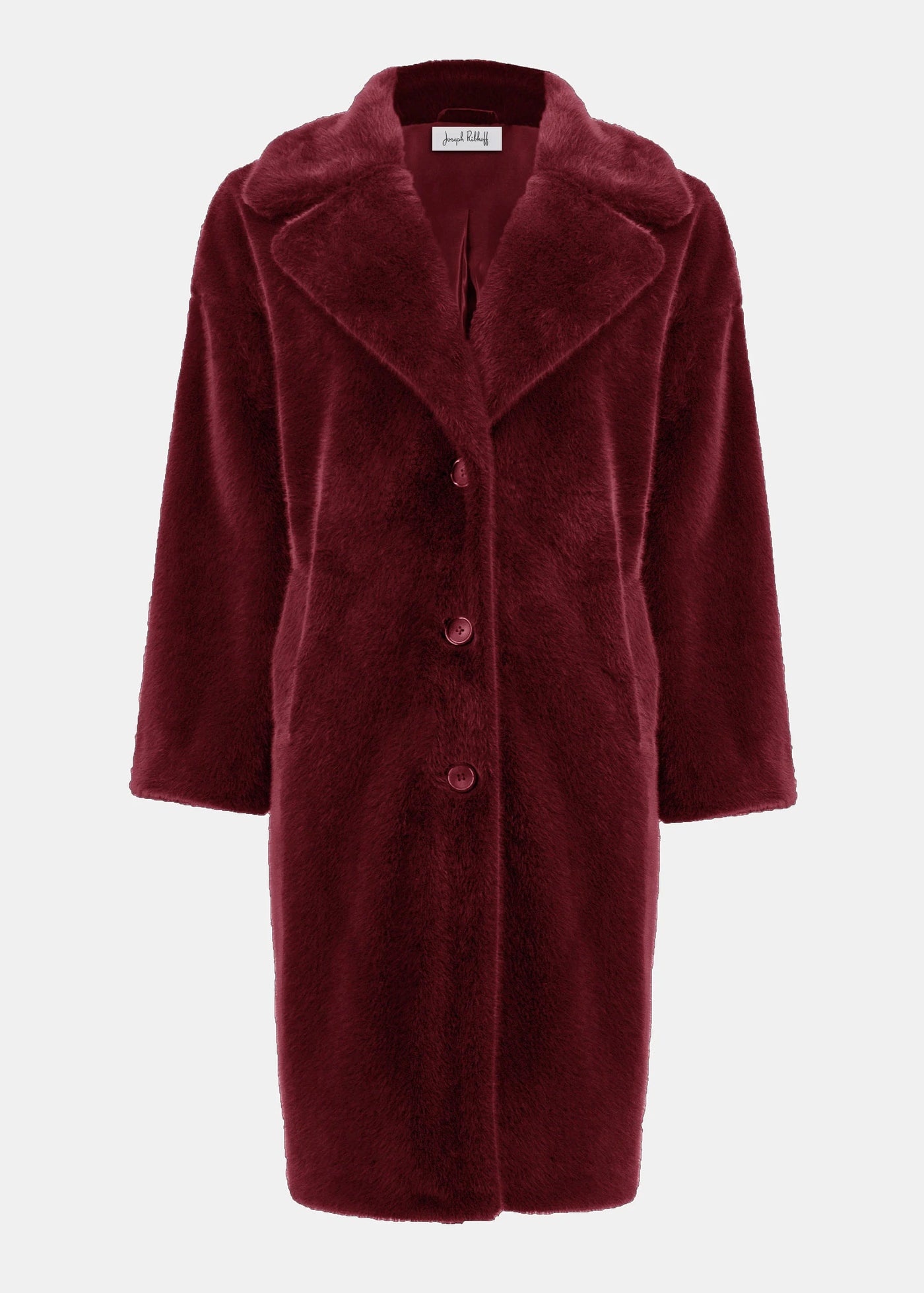 front view of plus size Joseph Ribkoff Faux Fur Notch lapel Coat in Merlot