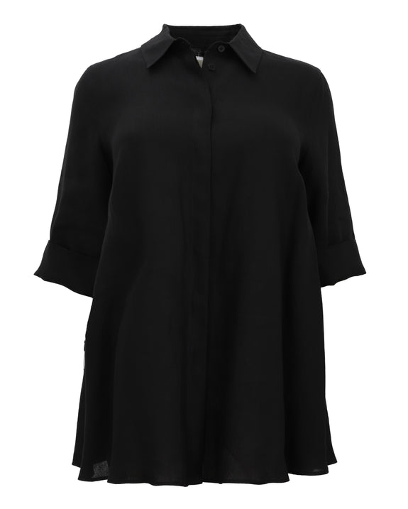 Marina Rinaldi Afone Linen Button Front 3/4 Sleeve Tunic in Black