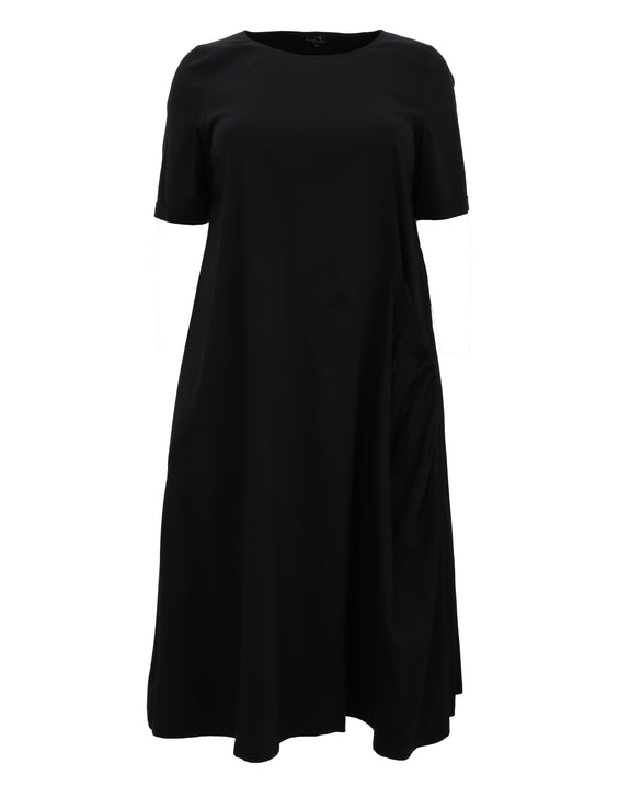 Toni T. Stretch Poplin A-Line Dress with Asymmetrical Seam and Gathered Pocket in Black