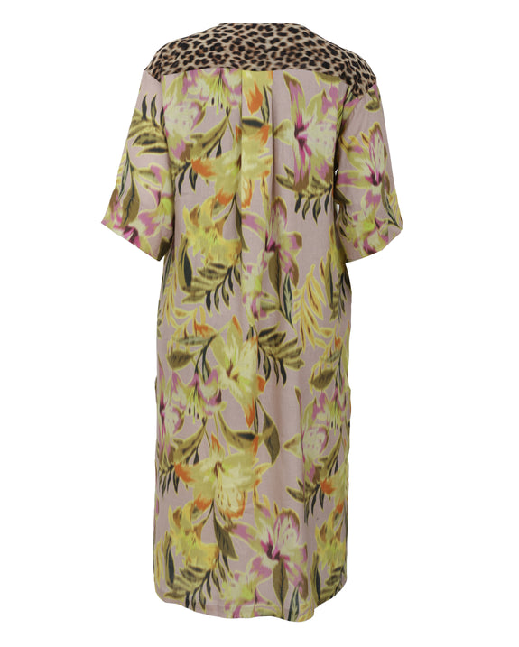 Alembika Lilly Print Long Linen Dress with Elbow Sleeve
