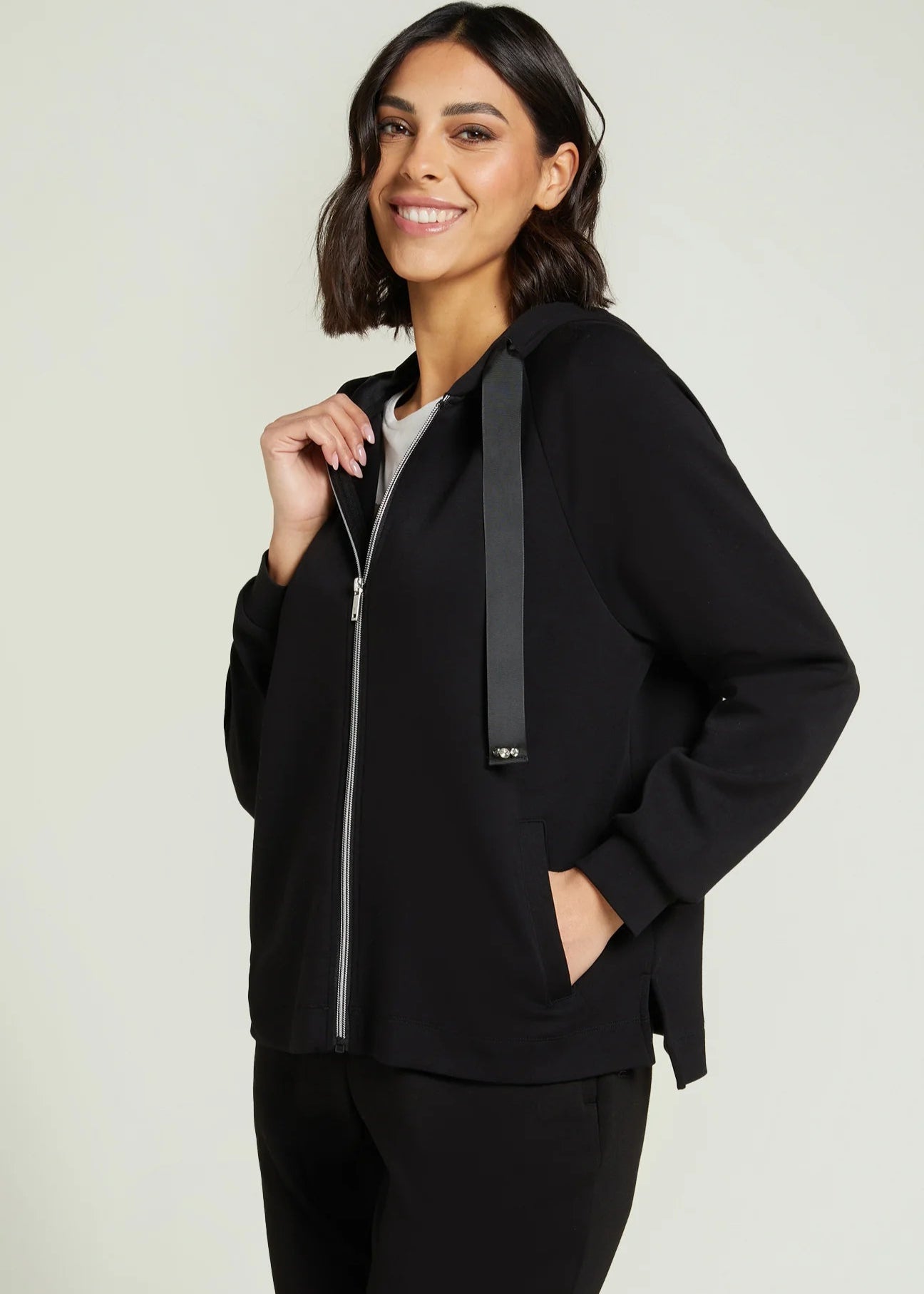 front view of plus size Luisa Viola Zip Front Hoodie in Black