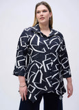 front view of plus size Joseph Ribkoff Jacquard Abstract Print Handkerchief Jacket in Midnight/Vanilla