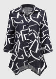 front view of plus size Joseph Ribkoff Jacquard Abstract Print Handkerchief Jacket in Midnight/Vanilla