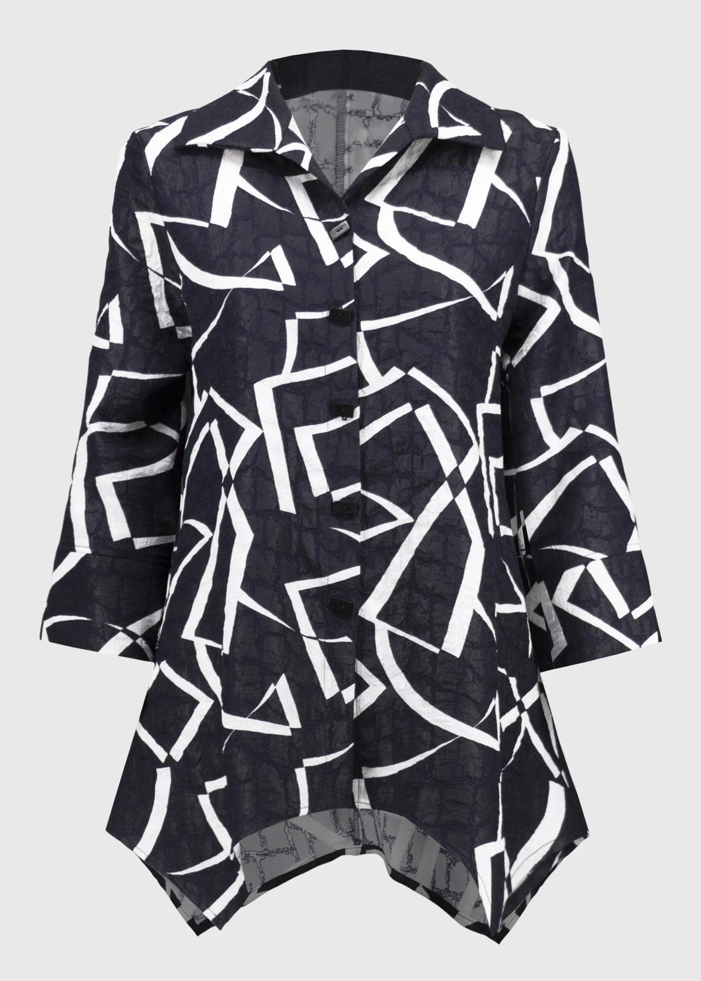 front view of plus size Joseph Ribkoff Jacquard Abstract Print Handkerchief Jacket in Midnight/Vanilla
