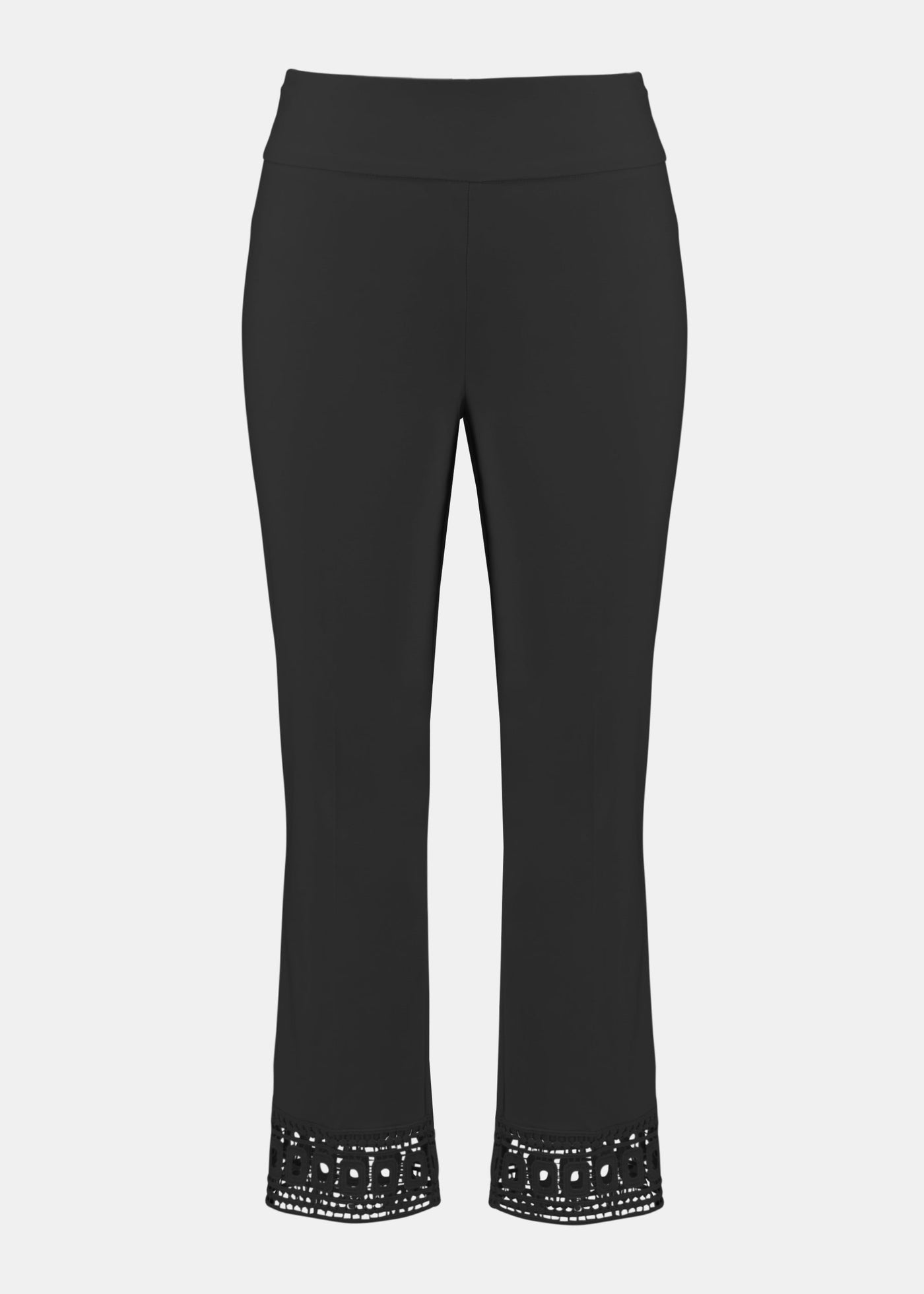 front view of plus size Joseph Ribkoff Millennium Crop Pull on Pant with Lace at Hem in Black