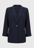 front view of plus size Joseph Ribkoff Seersucker Straight Blazer in Midnight